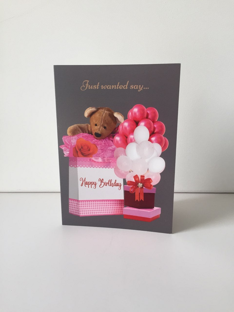 Pink and White Bag/Teddy Bear 5x7 B-Day card.