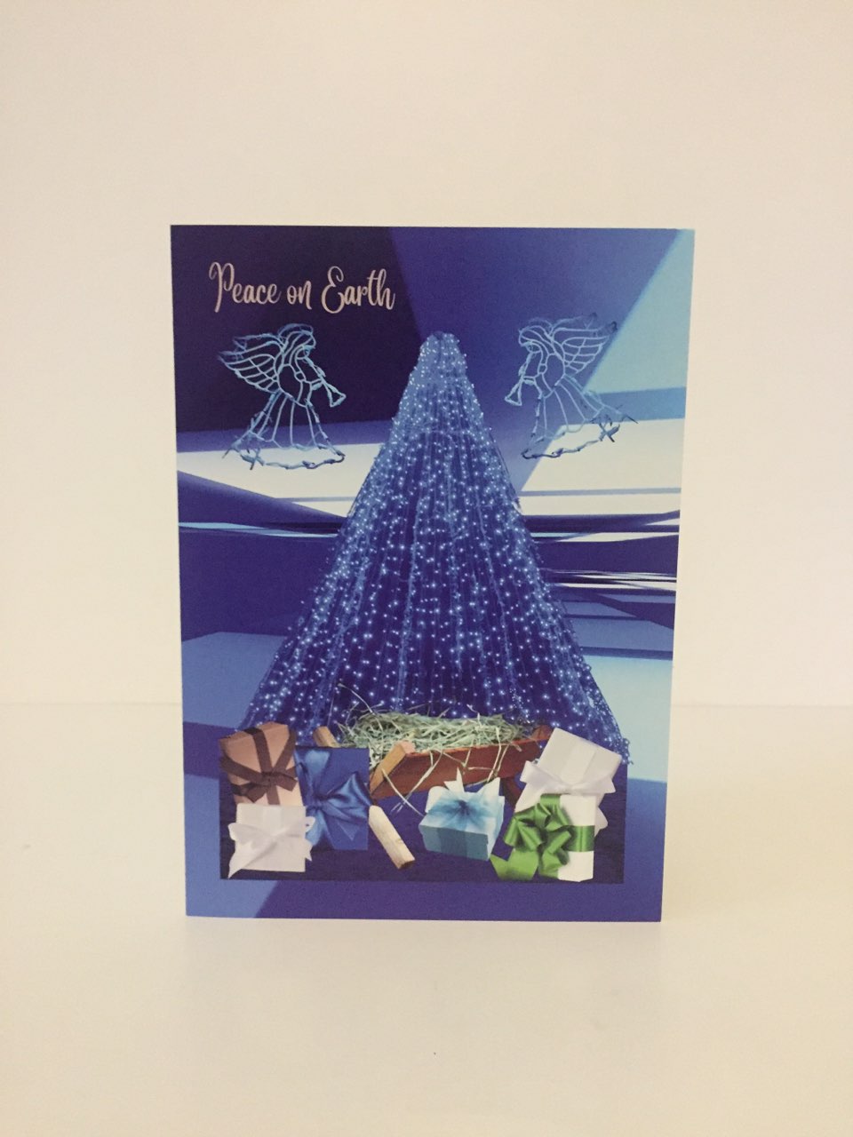 Peace On Earth Blue Tree 5x7 Christmas card.