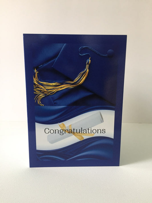 Royal Blue Cap and Gown Congratulations 5x7 Graduations Card.